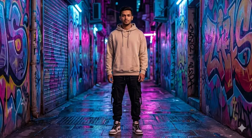 Category 1 Highlight: The "Gully Boy" Street Fashion Gemini AI Prompt Result in Neon Lighting.